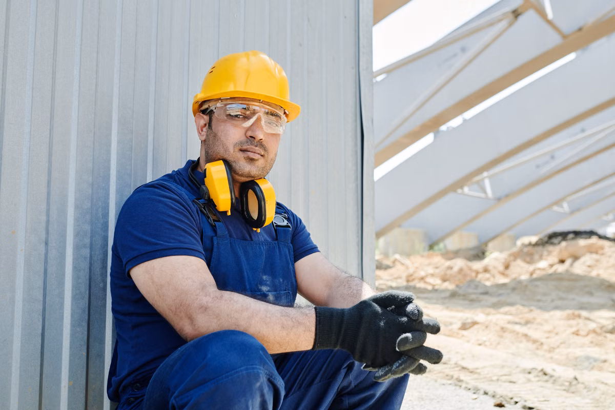 A construction worker in a yellow hard hat, safety glasses, gloves and navy overalls sits against a metal wall on a building site with ear defenders around his neck.